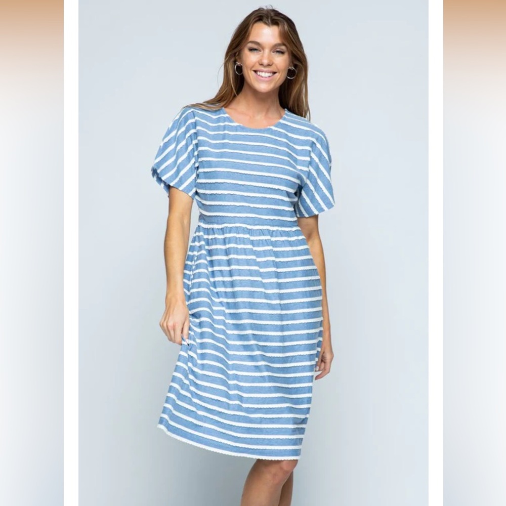 Polagram Short Sleeve Striped Midi Dress, Blue L